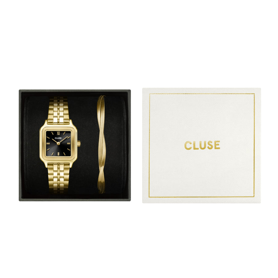 Gift Box Gracieuse Petite Watch Steel, Black & Twisted Snake Bracelet, Gold Colour CG11802