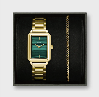 Gift Box Fluette Steel Green Watch and Round Chain Bracelet, Gold Colour CG11506