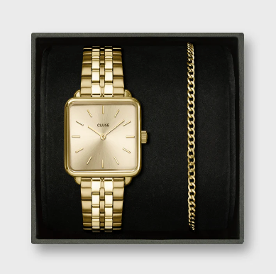 Gift Box La Tétragone Full Gold Steel Watch & Curb Chain Bracelet, Gold Colour CG10324