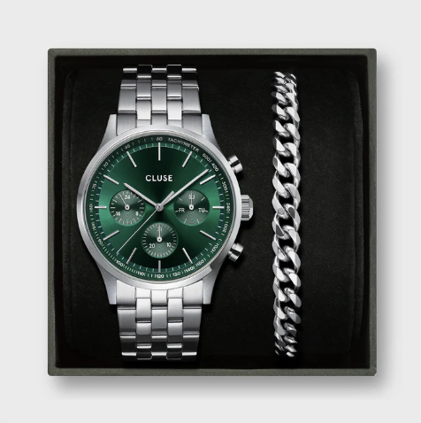 Gift Box Anthéor Multifunction Steel Watch Green & Cuban Chain CG20906