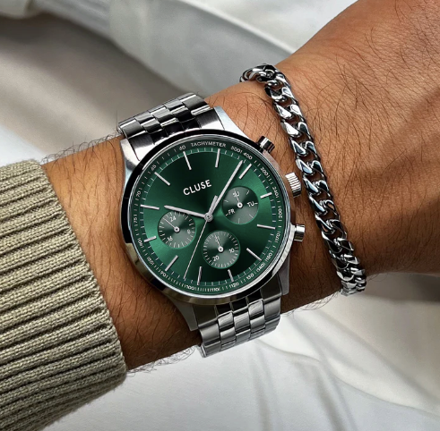 Gift Box Anthéor Multifunction Steel Watch Green & Cuban Chain CG20906