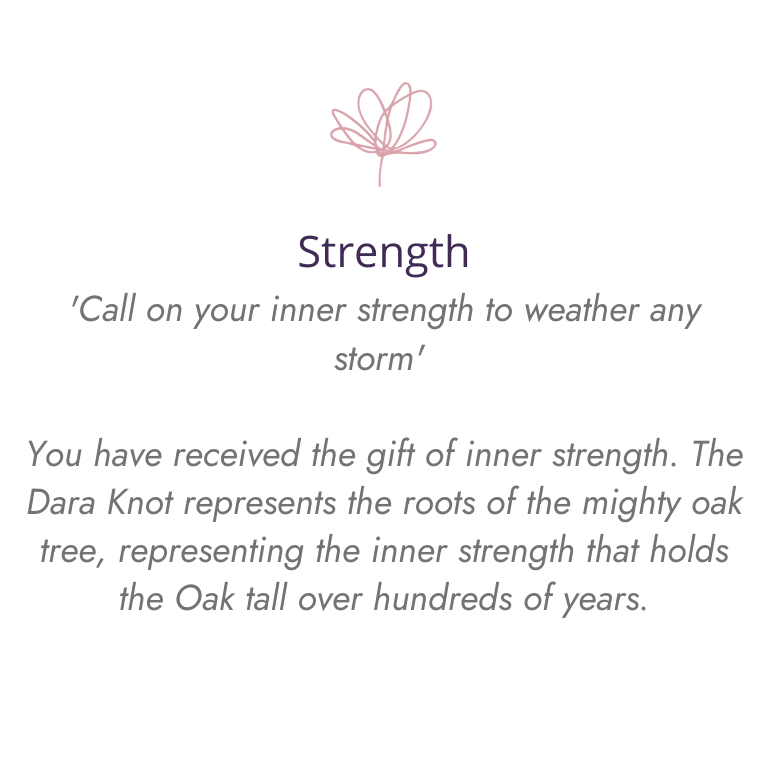 a meaning card for a bracelet with a symbol for strength 